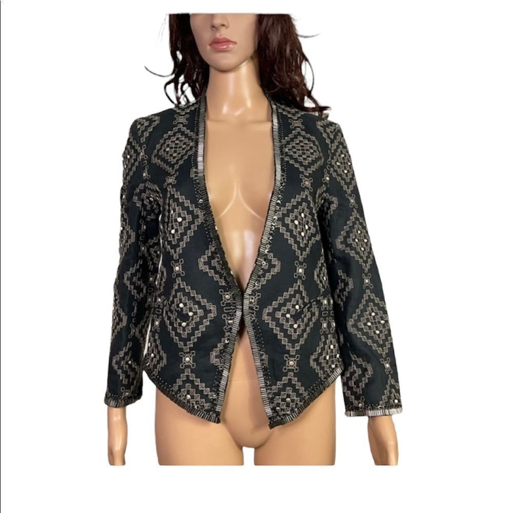 Parker Emmy Aztec Embroidered Beaded And Sequins 100% Linen Jacket M